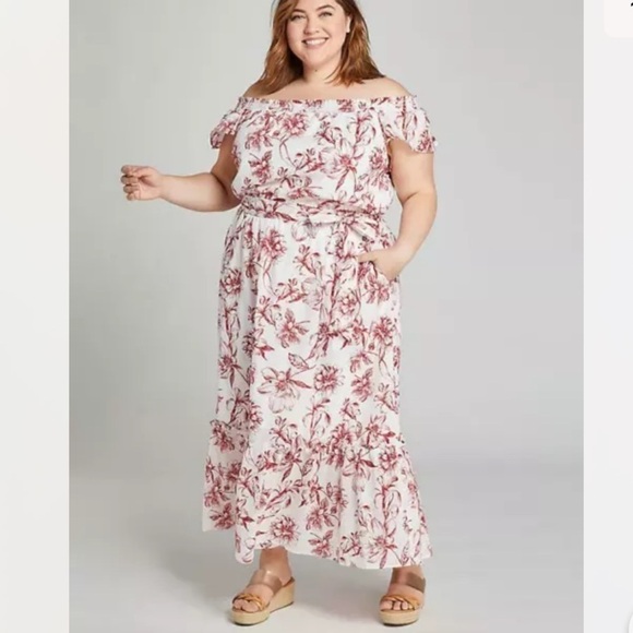 Lane Bryant Dresses & Skirts - Lane Bryant Off-the-Shoulder Red Poplin Maxi Dress